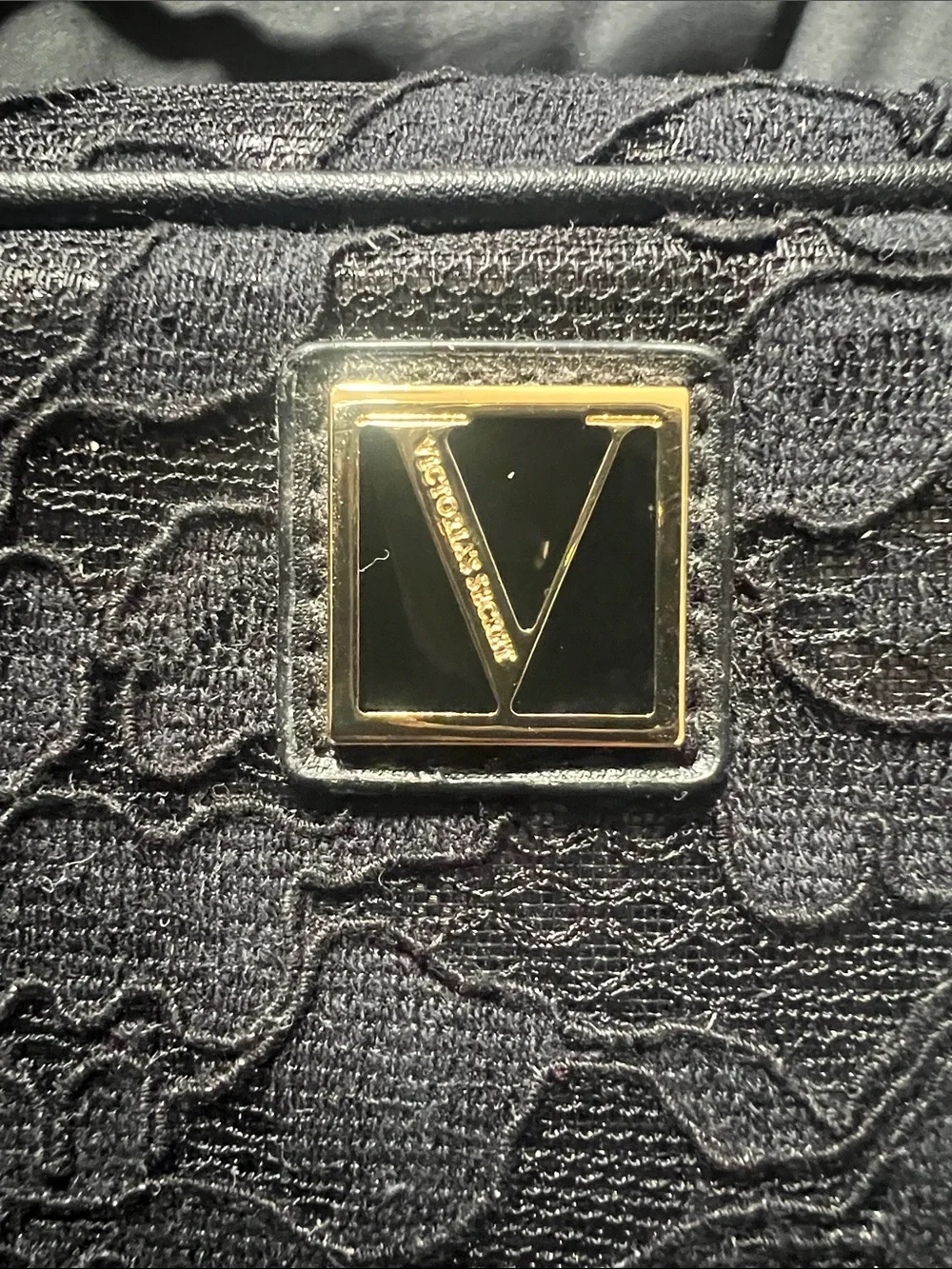 Victoria's Secret Black Lace Cosmetics Bag with Gold Logo Accent